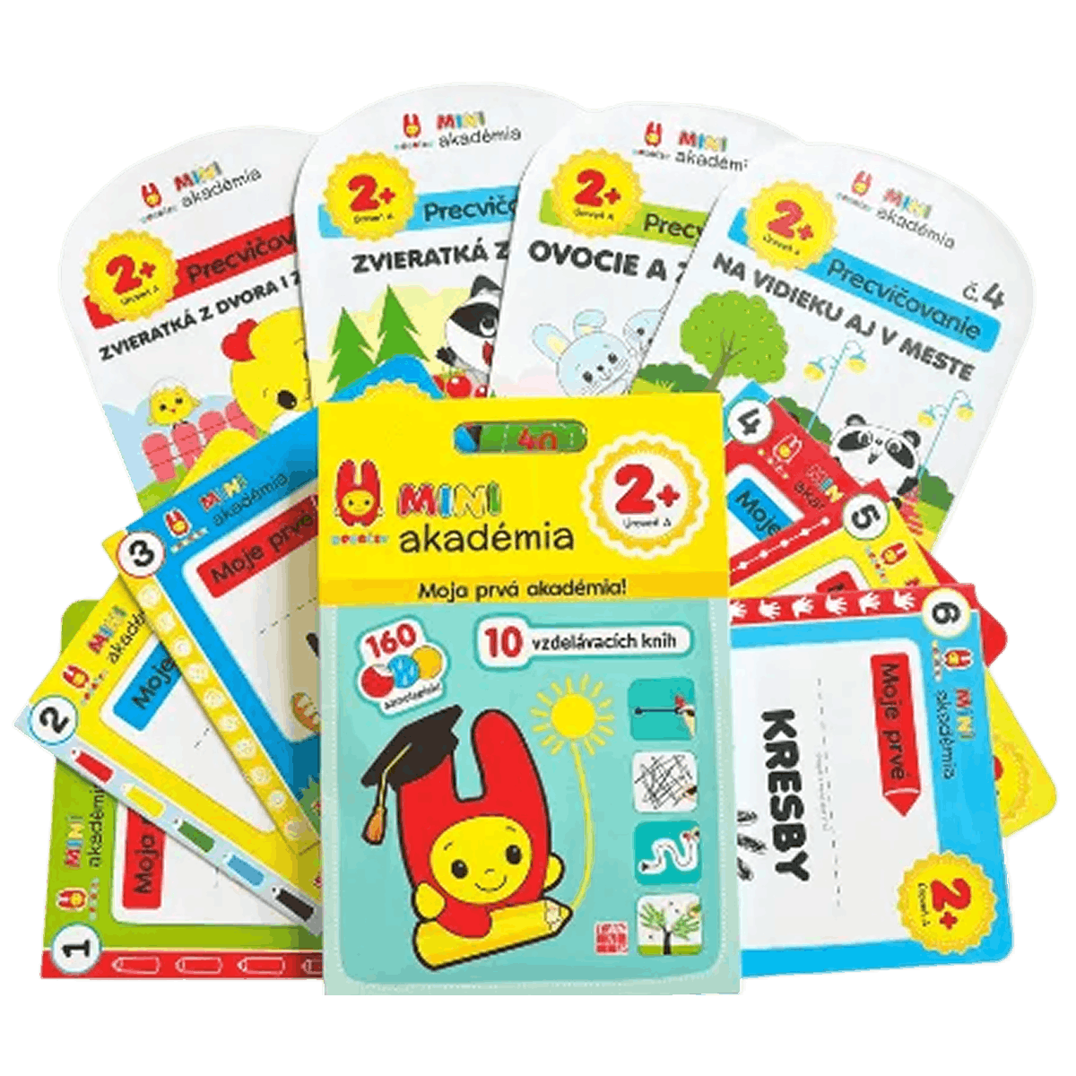 Set of colorful children's educational books with cartoon characters on a white background