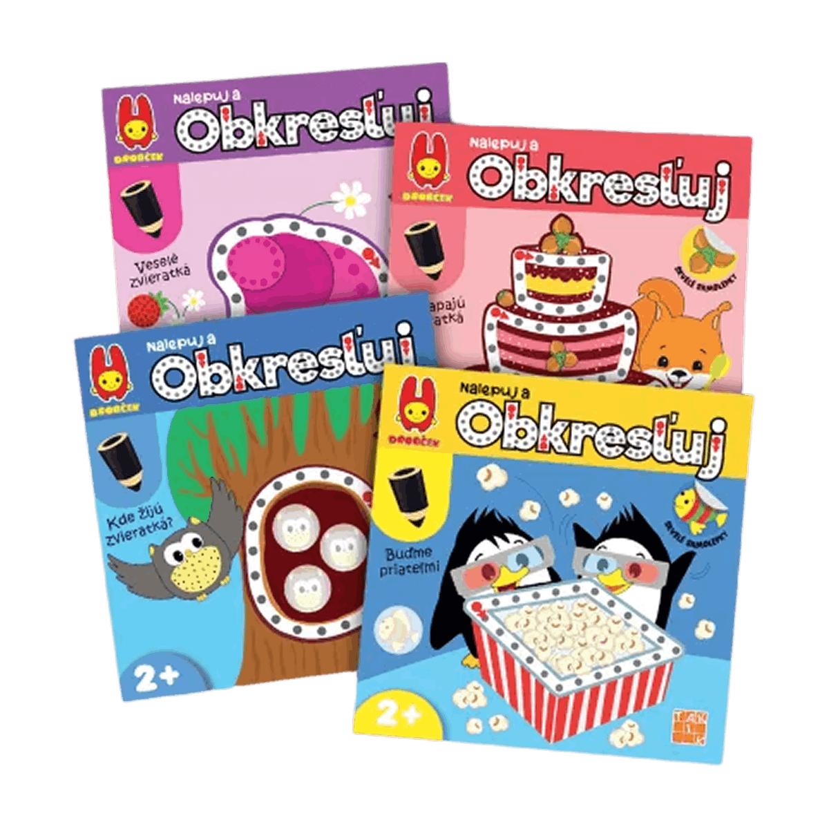 Four colorful children's books titled 'Obkresáuj' on a white background