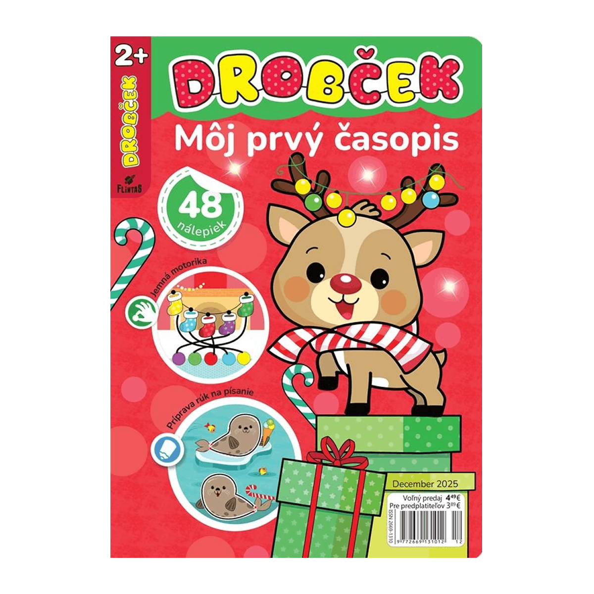 Children's magazine cover with a reindeer and presents on a red background, featuring the brand 'Drobçek'.
