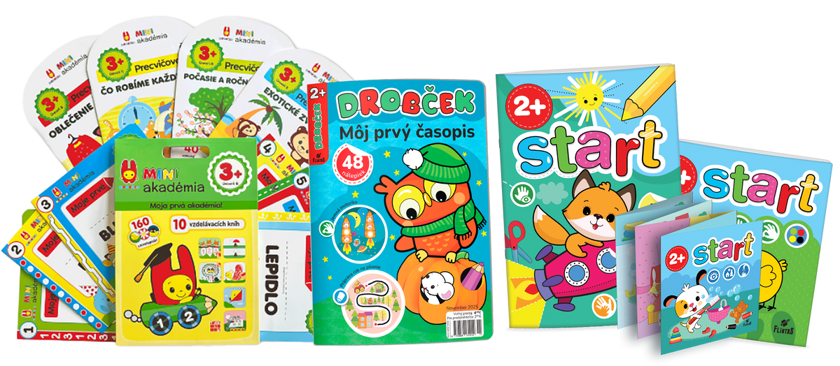 Kolekcia vzdelávacích kníh a časopisov pre deti vo veku 2 – 4 roky vrátane časopisu Drobček, aktivít pre deti Start a vzdelávacích sád MINI Akademija.