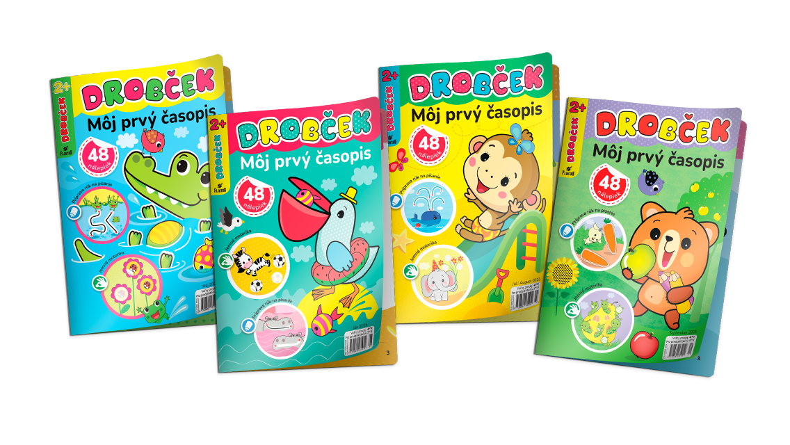 Set of four colorful Drobček magazine covers featuring playful animals and educational themes for preschool children.